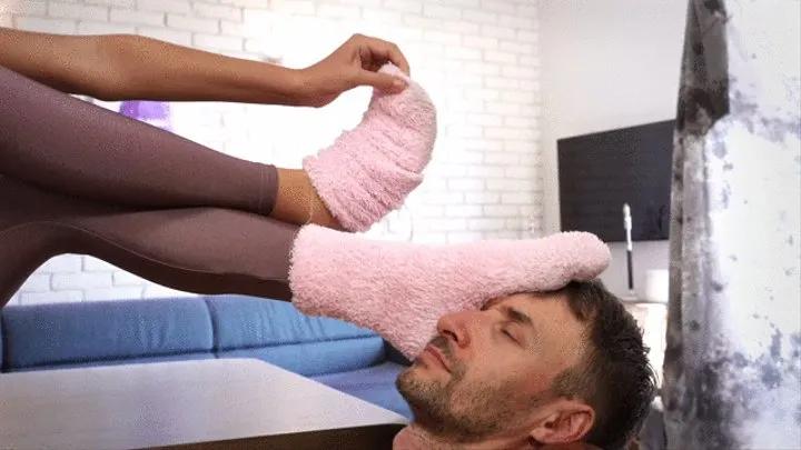 Stella Take Off Socks Use Him As Footrest And Have Bare Feet Licked - Shiny Violet Leggings - Part 01