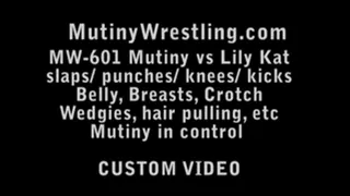 MW-601 Mutiny vs Lily Kat TOPLESS NIPPLE, belly punching, breasts punching/slapping wedgies, spanking TOPLESS DOMINATION PART 2