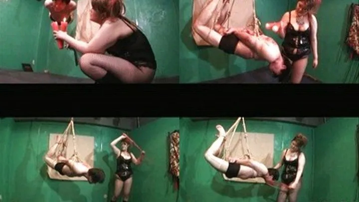 Domina Dangles Her Slave In Ropes Before Pouring Hot Wax On His Body And Whipping It Viciously - Full version ( - AVI Format)