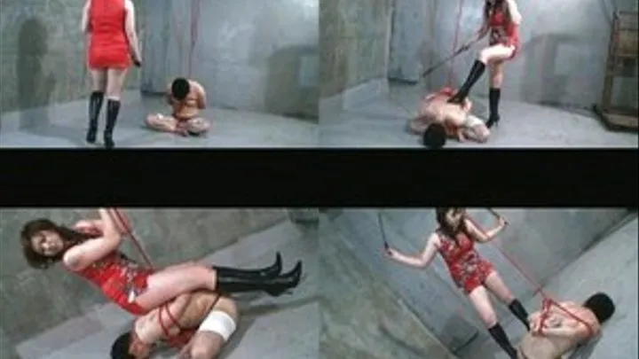 Domme swings on the back of a tied up slave