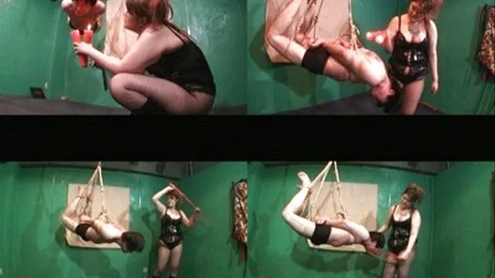 Domina Dangles Her Slave In Ropes Before Pouring Hot Wax On His Body And Whipping It Viciously - Full version