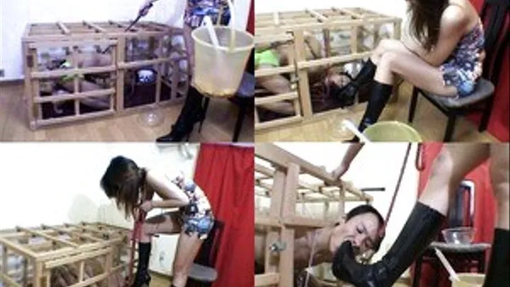 Caged Slave Bound To Taste Boots Before Food