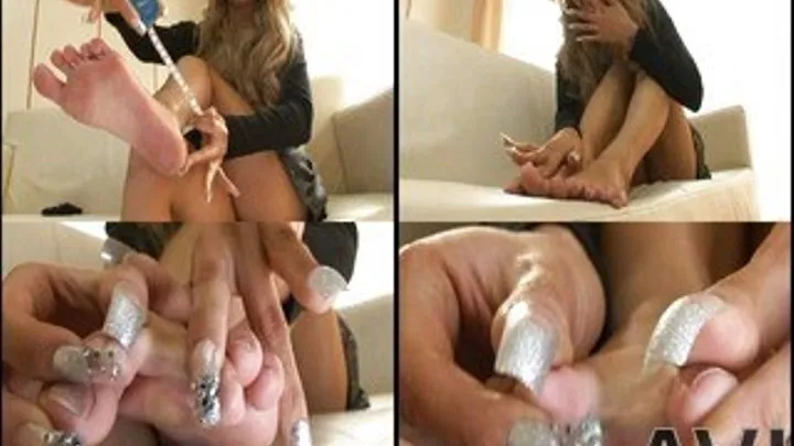 Lady with long polished finger nails feels her long feet and toes - Part 2 (Faster Download)