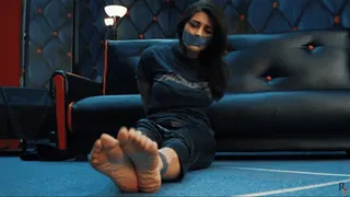 Ada's capture in leather clothes - Silver tape bondage and tickling