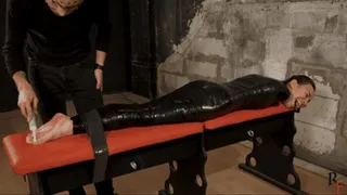 Long foot tickling for fully PVC mummified Home girl