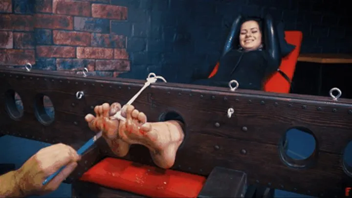 Tickling Taisia in catsuit in stocks - Tickling with double brushes, oil and big feather between toes