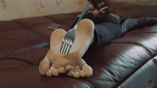 Nasty girl - Light tickling of pretty soles by fork, comb and nails