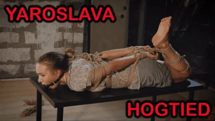 Yaroslava is tied up in rope hogtie