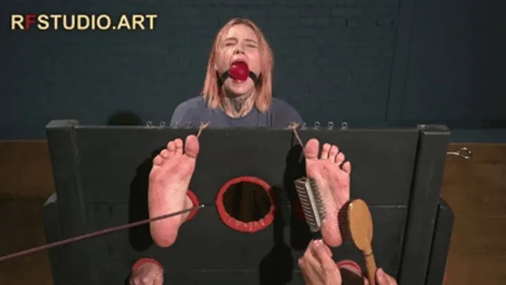 Astrid in Heavy Stocks with a Huge BallGag - Intense Four-Handed Tickling and Bastinado