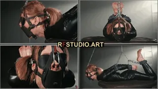 Frida Barefoot in Catsuit - Leather Cuffs and Chains Hogtie with Harness Gag and Nose Hook