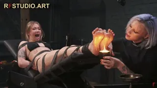 Astird kisses and roasts feet of bound and scared Olivia