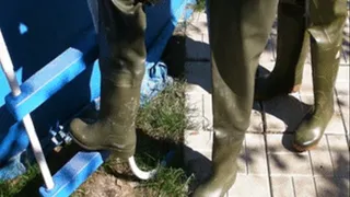 Alina and Christina in Waders and Jeans in an outdoor pool