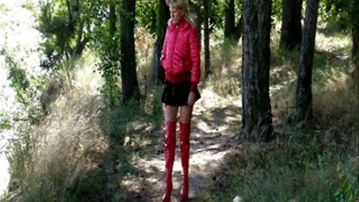 Outdoors in Miniskirt, red down jacket and red lingerie