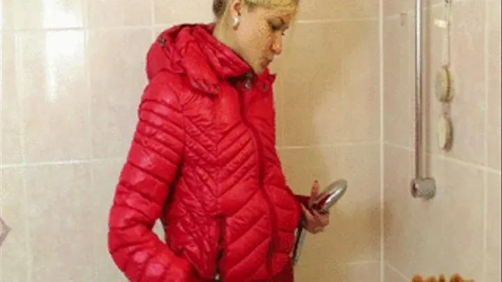 Christina takes a shower in red down jacket and golden leggins