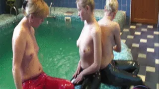 3 topless girls in Slinkystylez Leggins in a pool