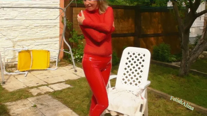 Alina in red rubber leggins, Nylon Top and Waders