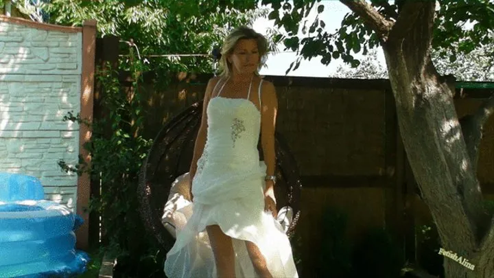 Outdoors in Wedding Dress, Lingerie and Stockings