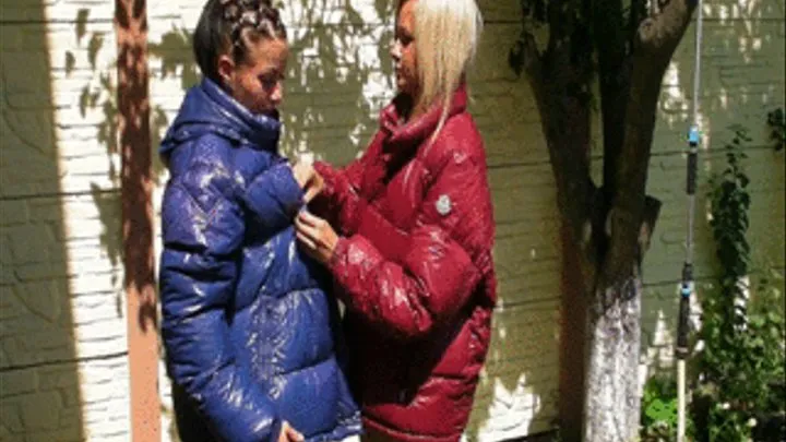 Christina and Nikki in Mocler down jackets in a pool