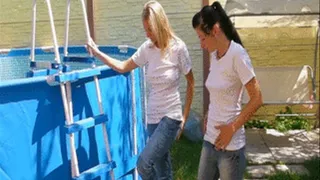 Christina and Nikki in Jeans and white T.Shirts in a pool