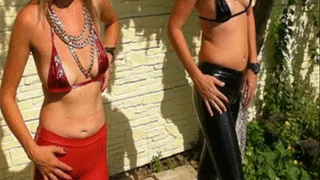 Alina and Christina with Slinkystylez rubber leggins in a pool