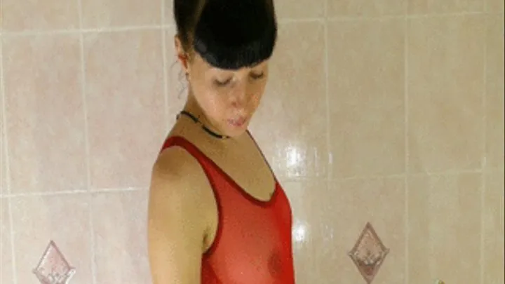 Nikkis shower scene in red swimsuit and nylons