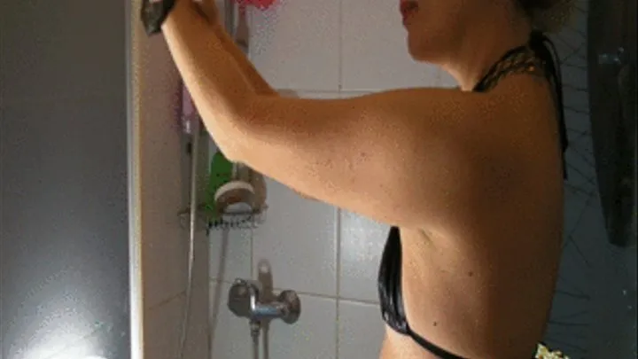 Shower scene with and without micro wet look bikini