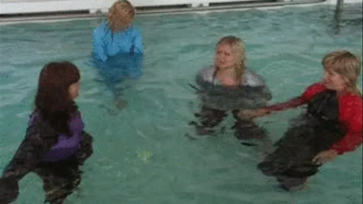 Alina, Christina, Jackie and Nikki,in Saunasuits playing in a pool