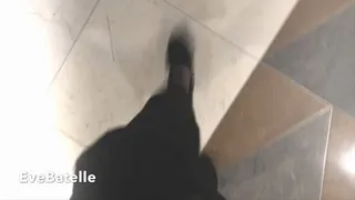 Boots Clacking On Hotel Tile To Bathroom