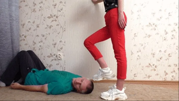 Teenage brunette tries to motivate lazy man trampling his chest, vf2547x