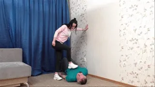 Girl in white sneakers tramples the submissive husband hardly, vf2351x