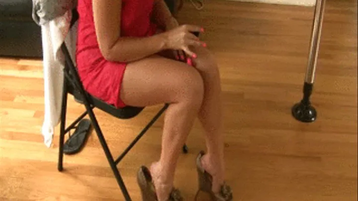 Sexy Legs in gold wedges DANGLING leg show off