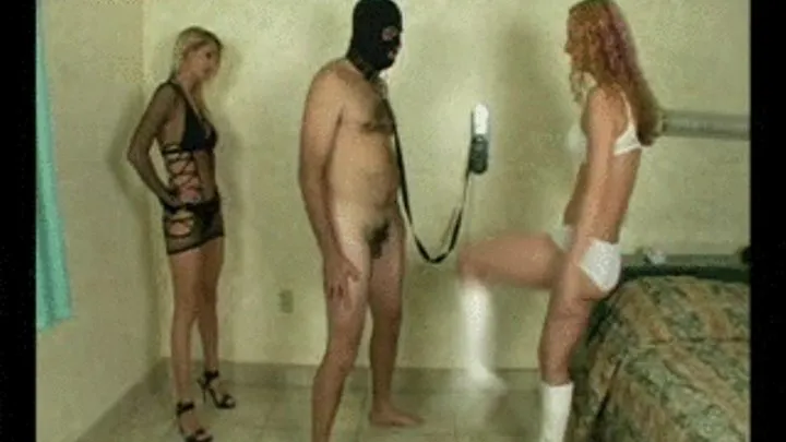 Two cruel bitches training a masked slave in: Ballbusting 101