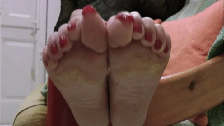 My big feet with silky soft meaty soles and toes with wide long glossy red toenails