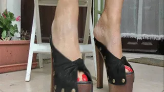 Designer black suede wooden high heel peep toe mules