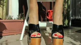 Designer black patent wooden high heel open toe mules