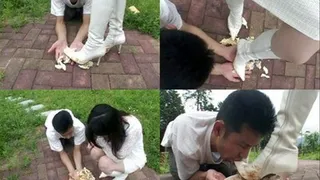 Outdoor Boot Domination and Food Squashing Humiliates Feeble Man - Full version ( - AVI Format)