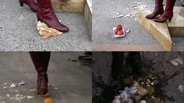 After lining up foods on the floor, domme started stepping on each! - Full version ( - AVI Format)