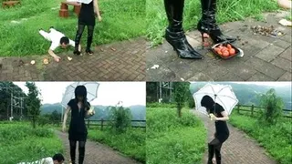 Instead of feeding her slaves after a long walk, domme crushes their foods! - Part 1 ( - AVI Format)