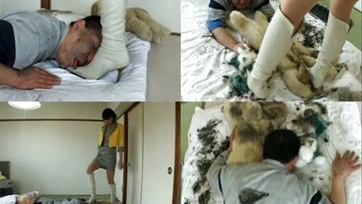 Man gets totally beaten up on the bed until he licks domme's boots - Part 4 ( - AVI Format)