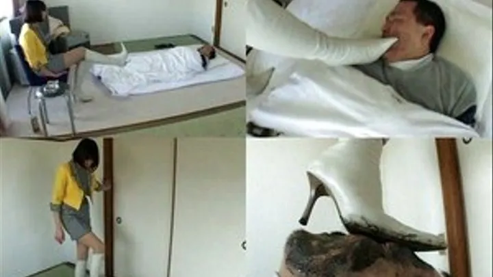 Man gets totally beaten up on the bed until he licks domme's boots - Part 1 (Faster Download - )