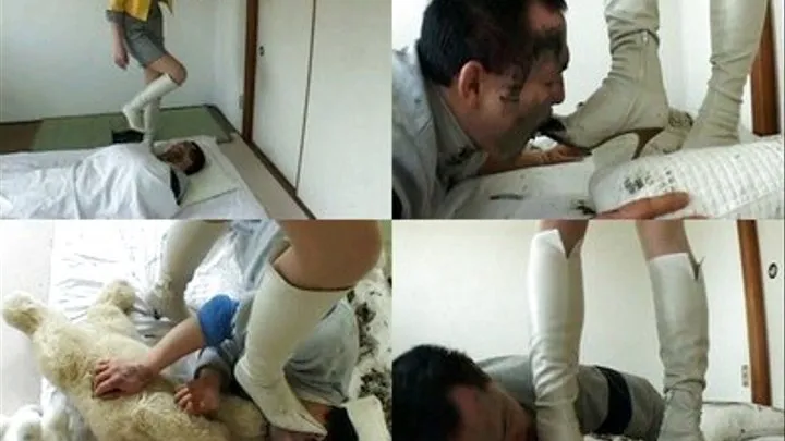 Man gets totally beaten up on the bed until he licks domme's boots - Full version ( - AVI Format)