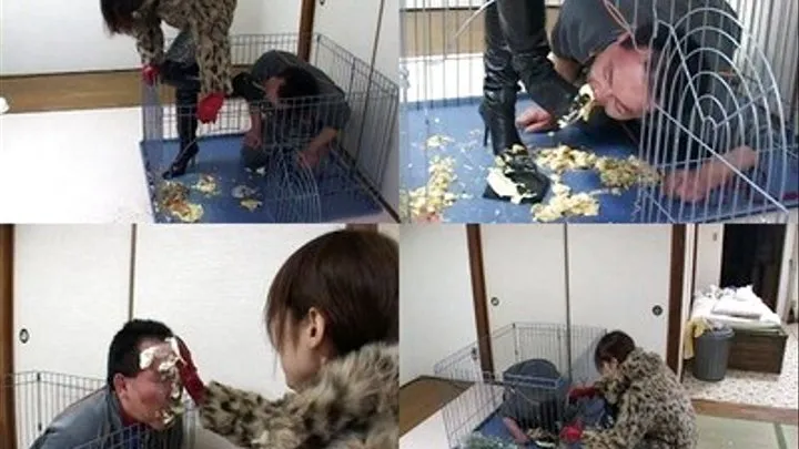 Slave in the cage is fed with boot-crushed foods - Part 2 ( - AVI Format)