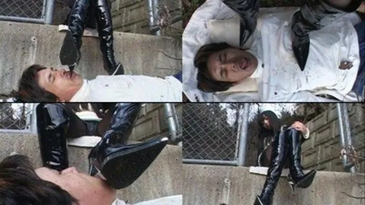 Man is on the ground, while domina is trampling on his weak body - Part 3 ( - AVI Format)