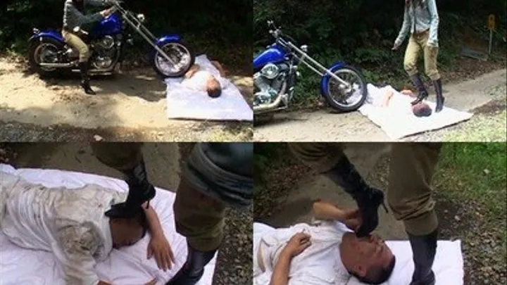 Domina rolls her motorcycle on poor man's belly before she completely beats him - Full version ( - AVI Format)