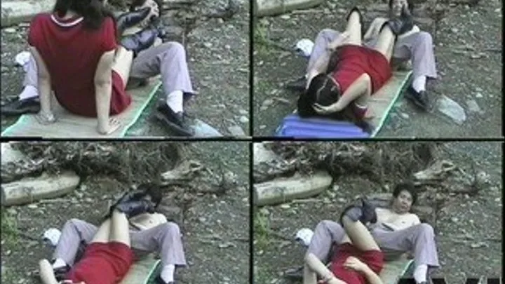 Man lies down on the ground as domina goes on top of him for trampling - Part 3 (Faster Download - )