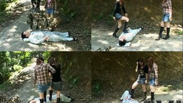 Two dominas cover man in dried leaves before kicking him all over - Part 1 (Faster Download - )