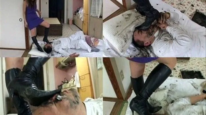 Dirt is all over man's face and clothes after domina steps on his entirety - Part 1 ( - AVI Format)