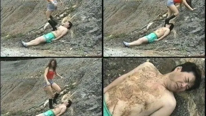 Topless man gets covered with sand after domme steps on his body - Full version ( - AVI Format)