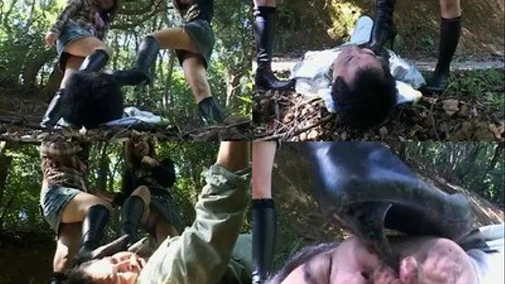 Two dominas unit as they beat man in the forest using their boots! - Full version ( - AVI Format)