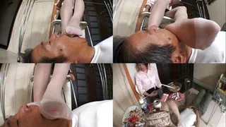 Man positions under the table as domme eats and relaxes her feet on him - Part 5 ( - AVI Format)
